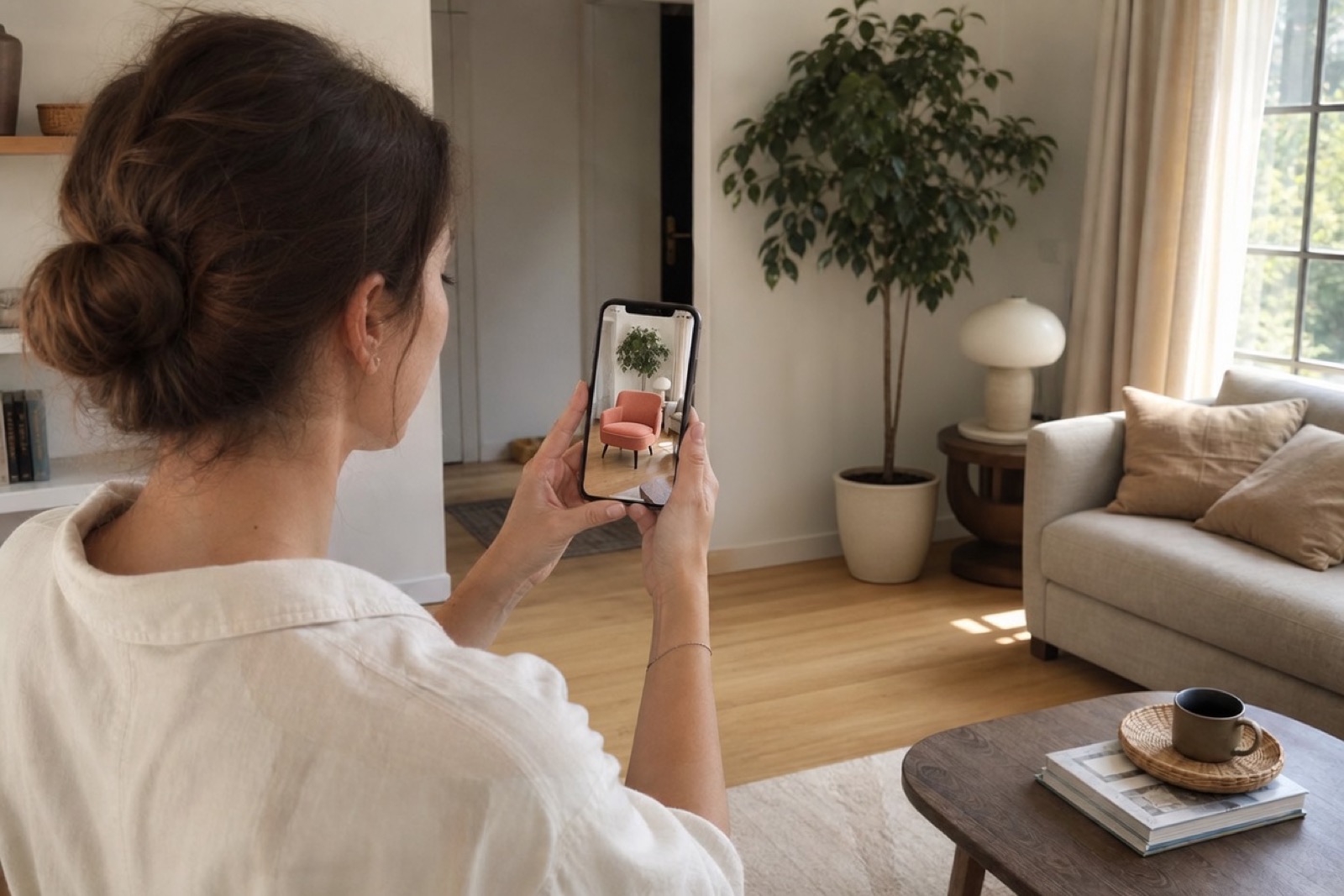 Using Real Product View on a phone to preview an accent chair in a living room
