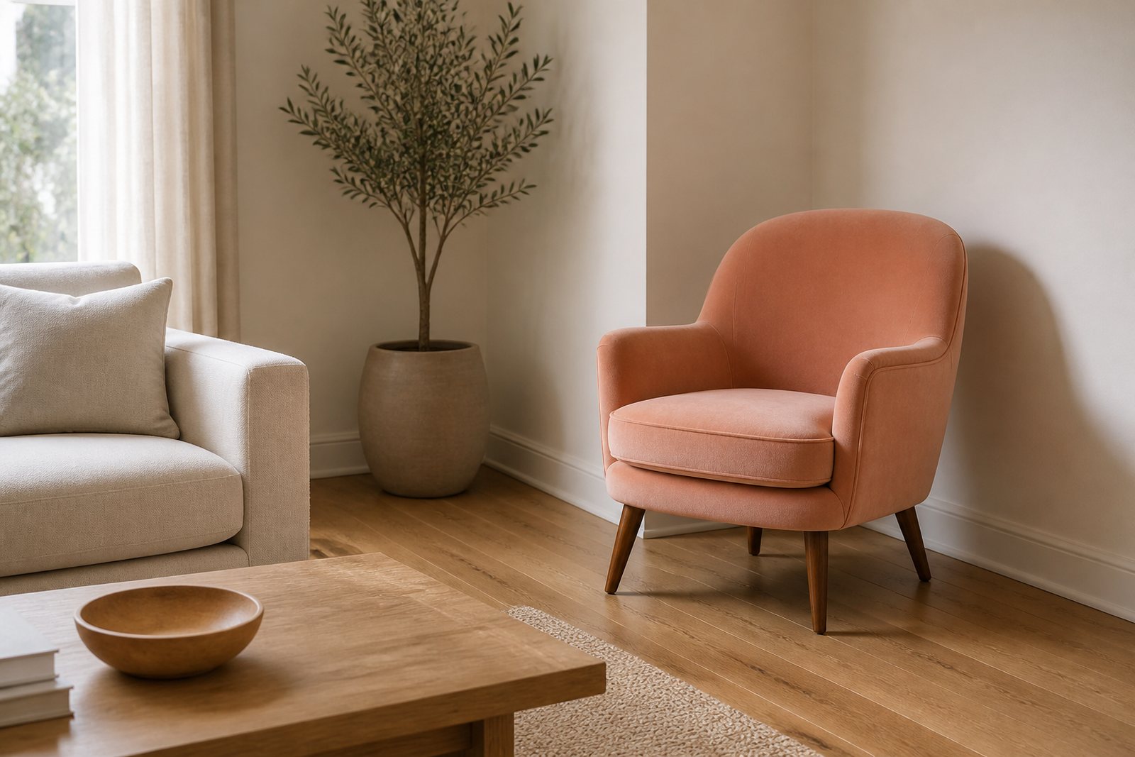The same accent chair placed at real size in a living room